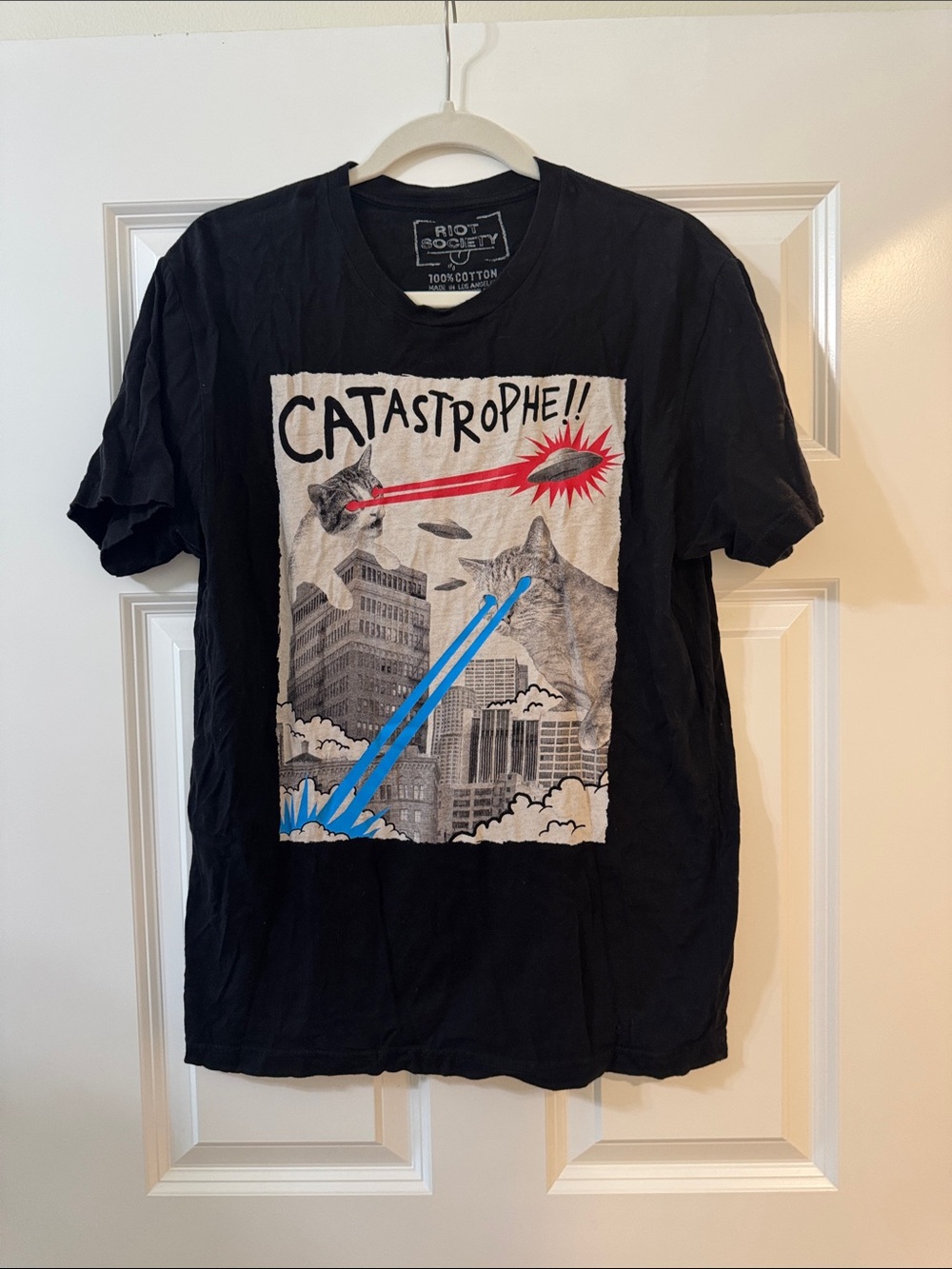 riot society Black Graphic 'Catastrophe' Tee with Red & Blue Accents